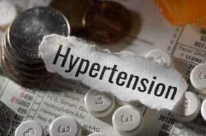 Le mot hypertension sur un journal avec des médicaments